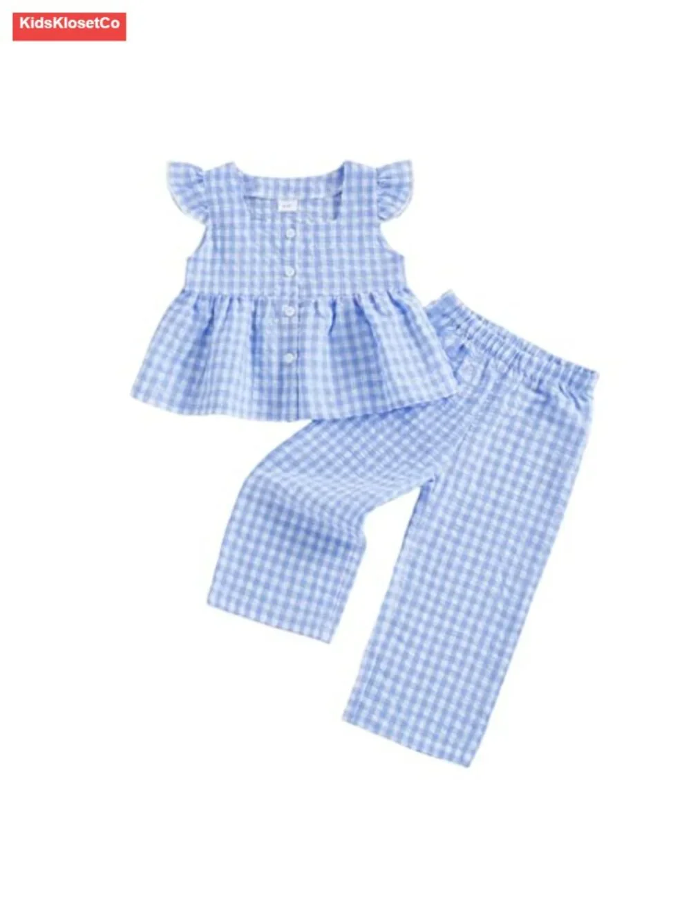 Girls Summer Outfit Set Ruffle Sleeve Button Up Top Plaid Pants Toddler Clothes